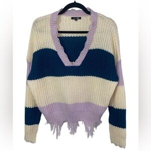 FASHION NOVA Knit VNeck Color Block Stripe Fringe Sweater Size 1XL